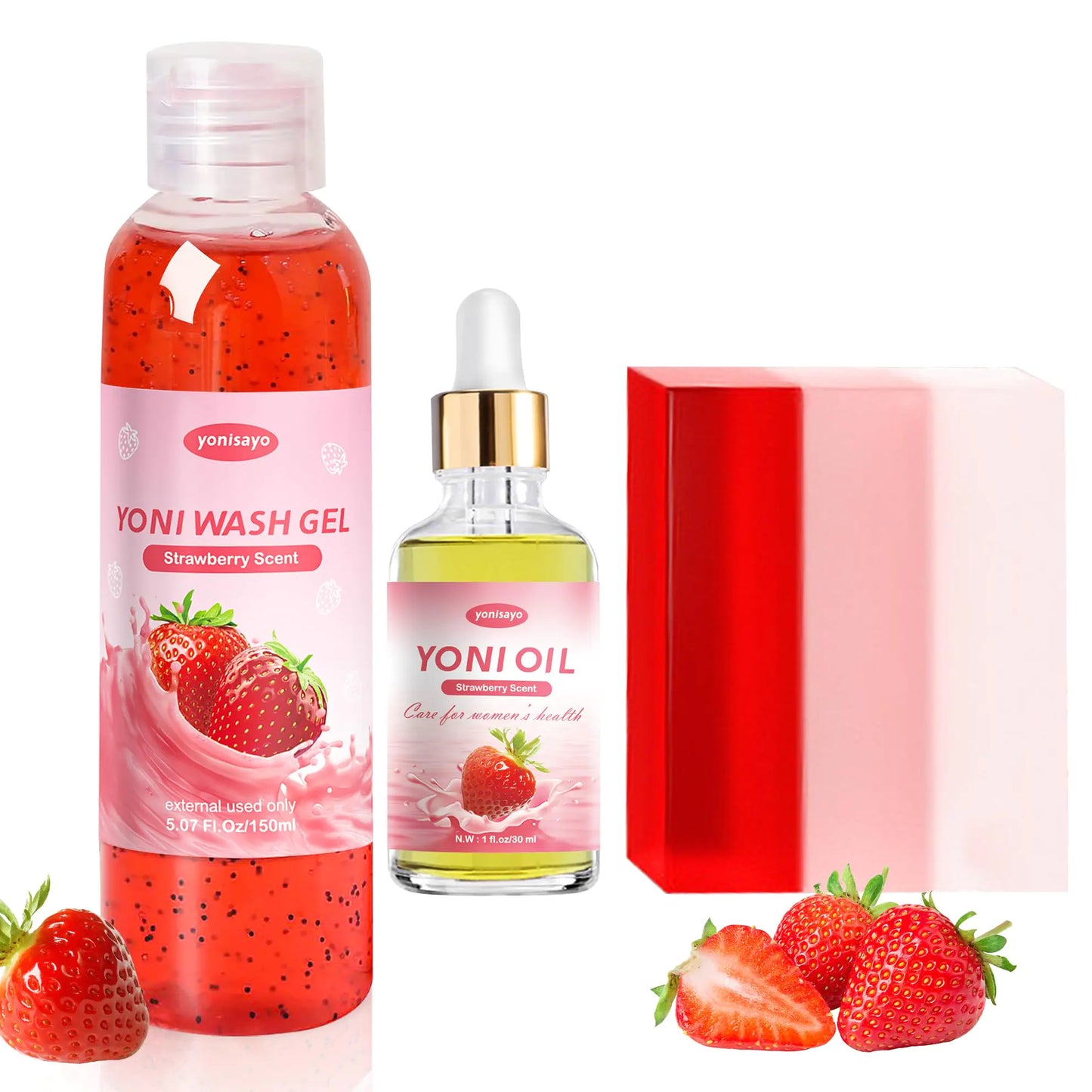 3 PCS Yoni Wash Yoni Oil Yoni Soap Bar Feminine Wash Yoni Oil for Women pH Balance Natural Yoni Bar Soap Vaginial Moisturizing Body Wash Deodorants Strawberry Scent Yoni Wash Set