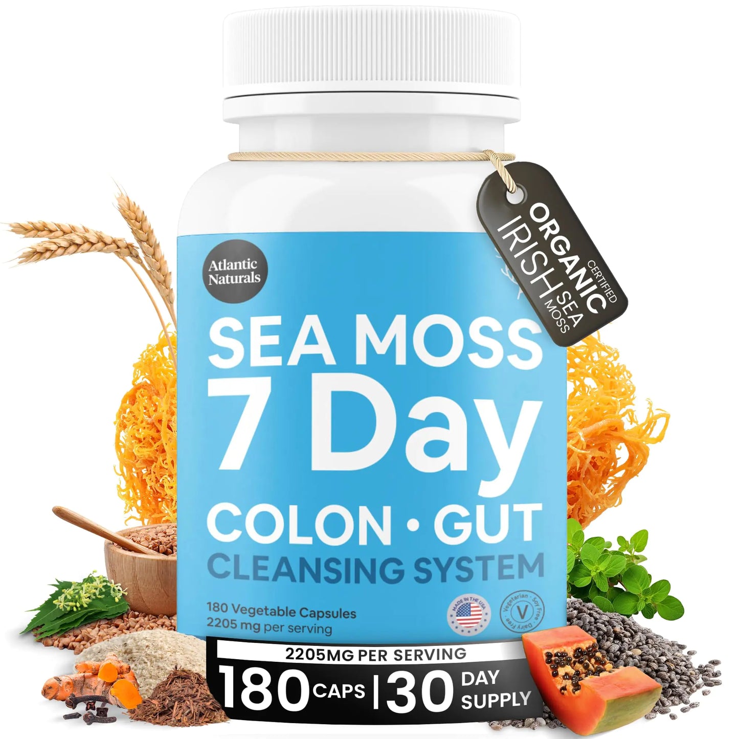 Atlantic Naturals - Sea Moss 7-Day Cleanse Colon & Gut Detox Capsule - Juice Cleanse Support with Psyllium Husk Senna Powder - Body Cleanse and Detox for Women & Men - 180 Sea Moss Capsules