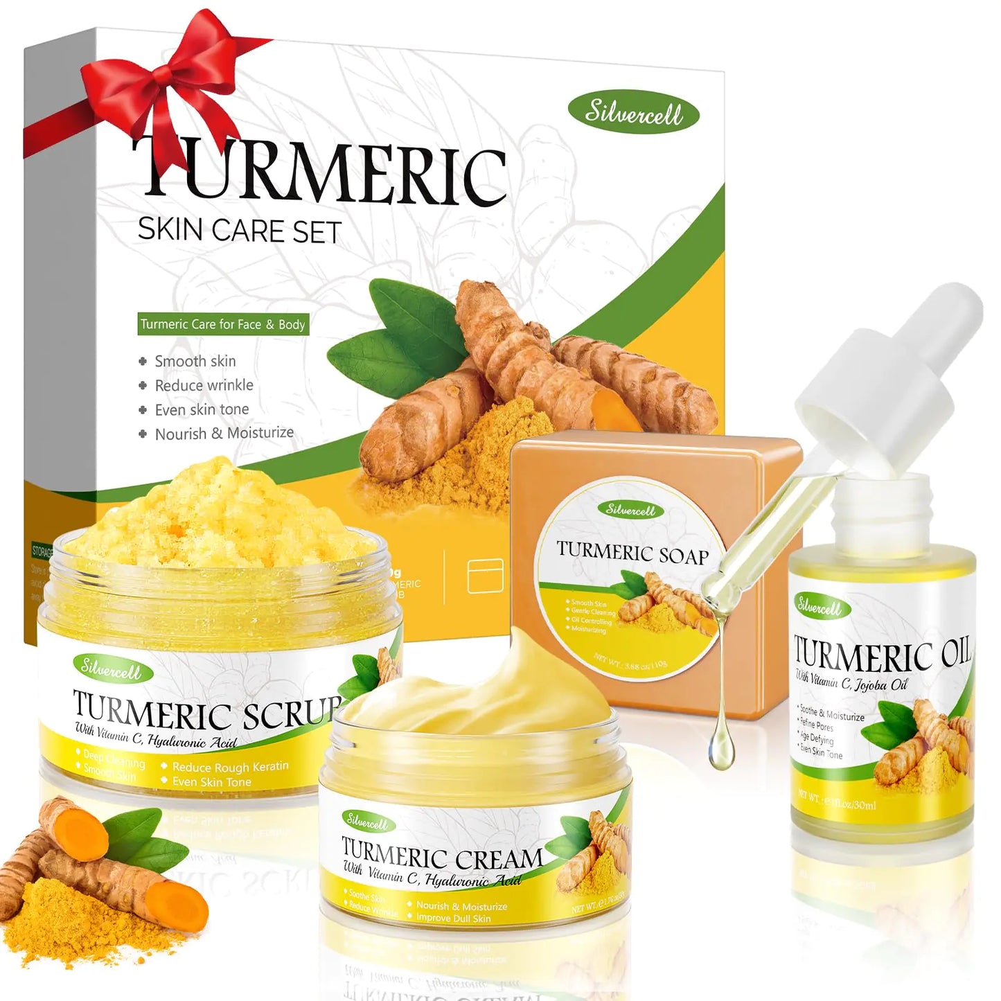 Turmeric Skin Care Set Even Skin Tone with Vitamin C Skin Care Gift Set 4 In 1 Include Turmeric Soap Bar Turmeric Oil Turmeric Face Cream Turmeric Scrub Face Moisturizer Skincare Set for Women