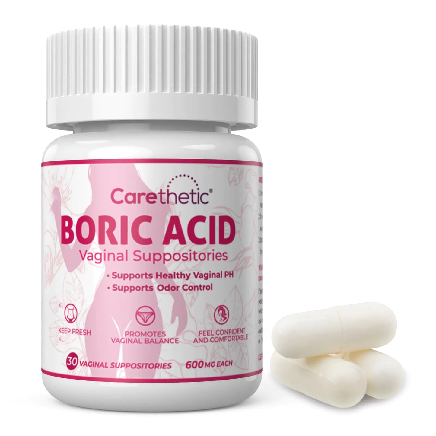 Carethetic Premium Vaginal Suppositories - Optimal Feminine Health Formula for pH Balance & Odor Control - Gentle & Effective Relief for Discomfort - Eco-Friendly - 600mg 30 Count